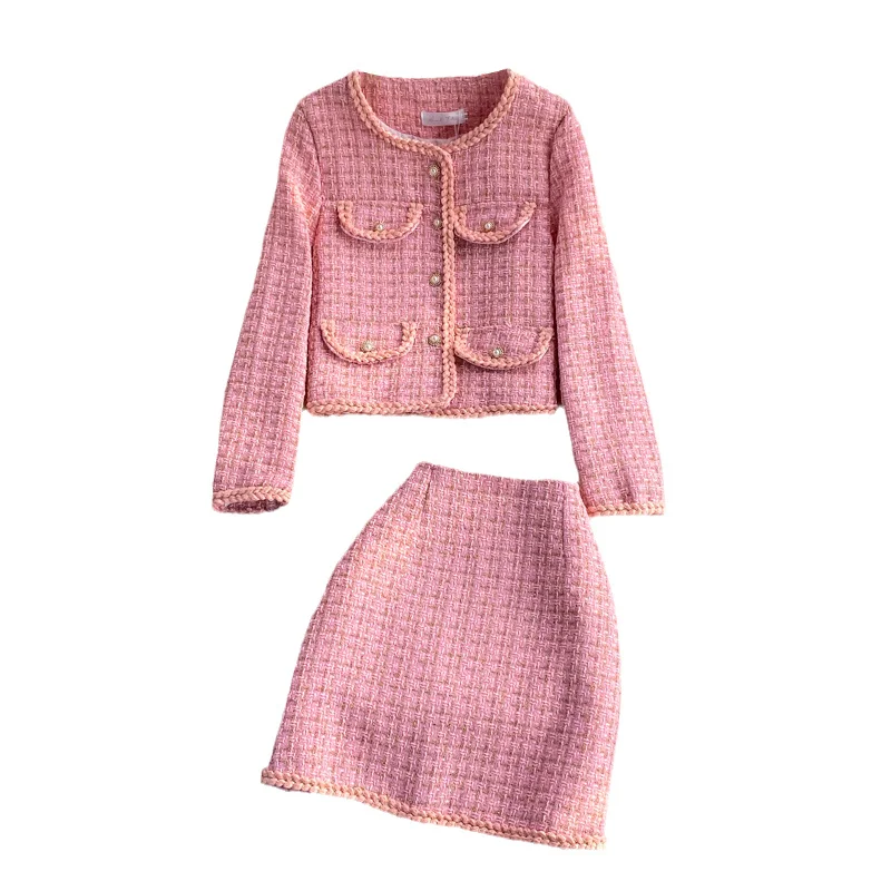 Blazer Mini Skirts Suits Women Plaid Short Two Piece Set Autumn Pink White Slim Tweed Jacket Half Skirt Female Two-Piece Sets