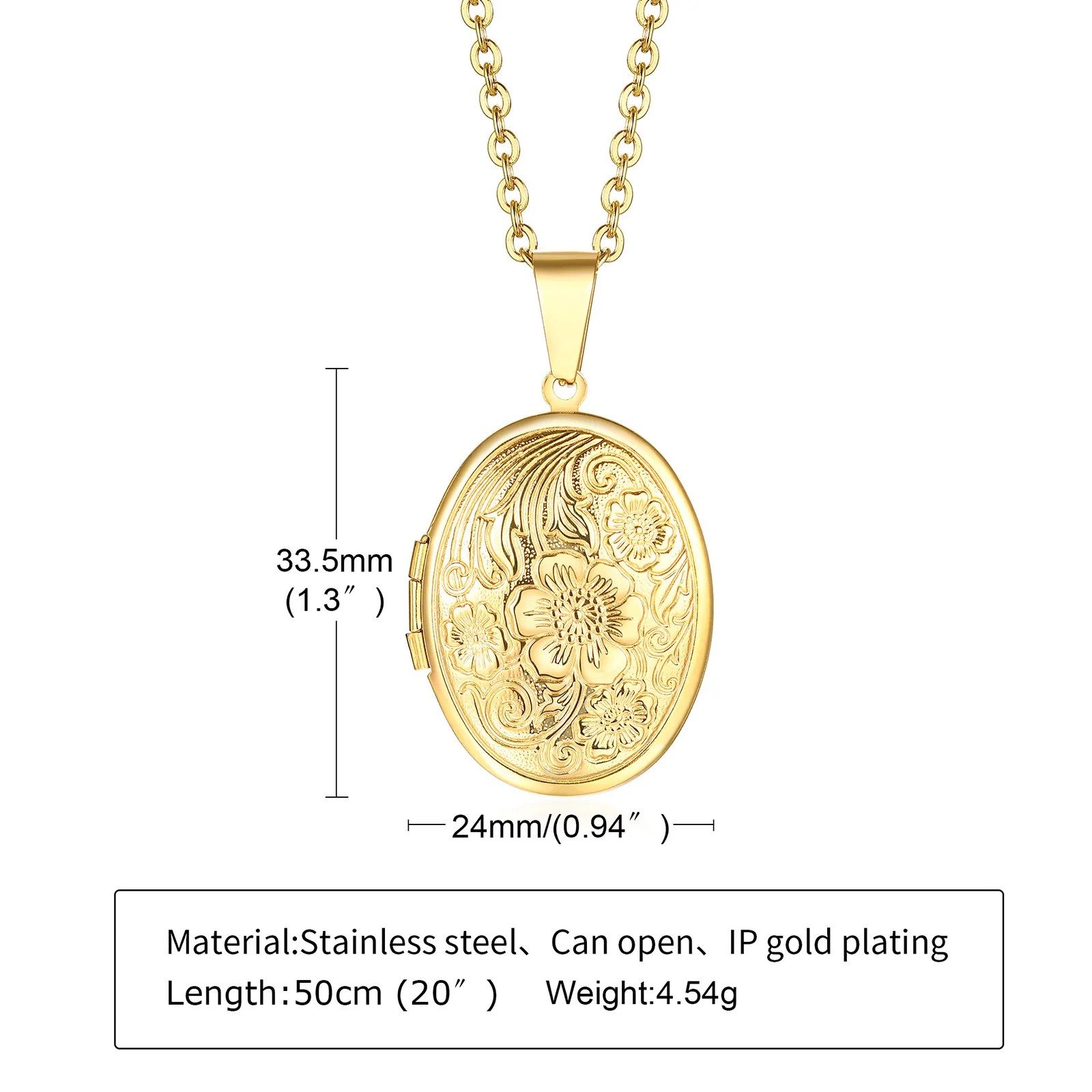 Stainless Steel Flowers Oval Locket Necklace for Women, Openable Pendant Photo Inside 20\