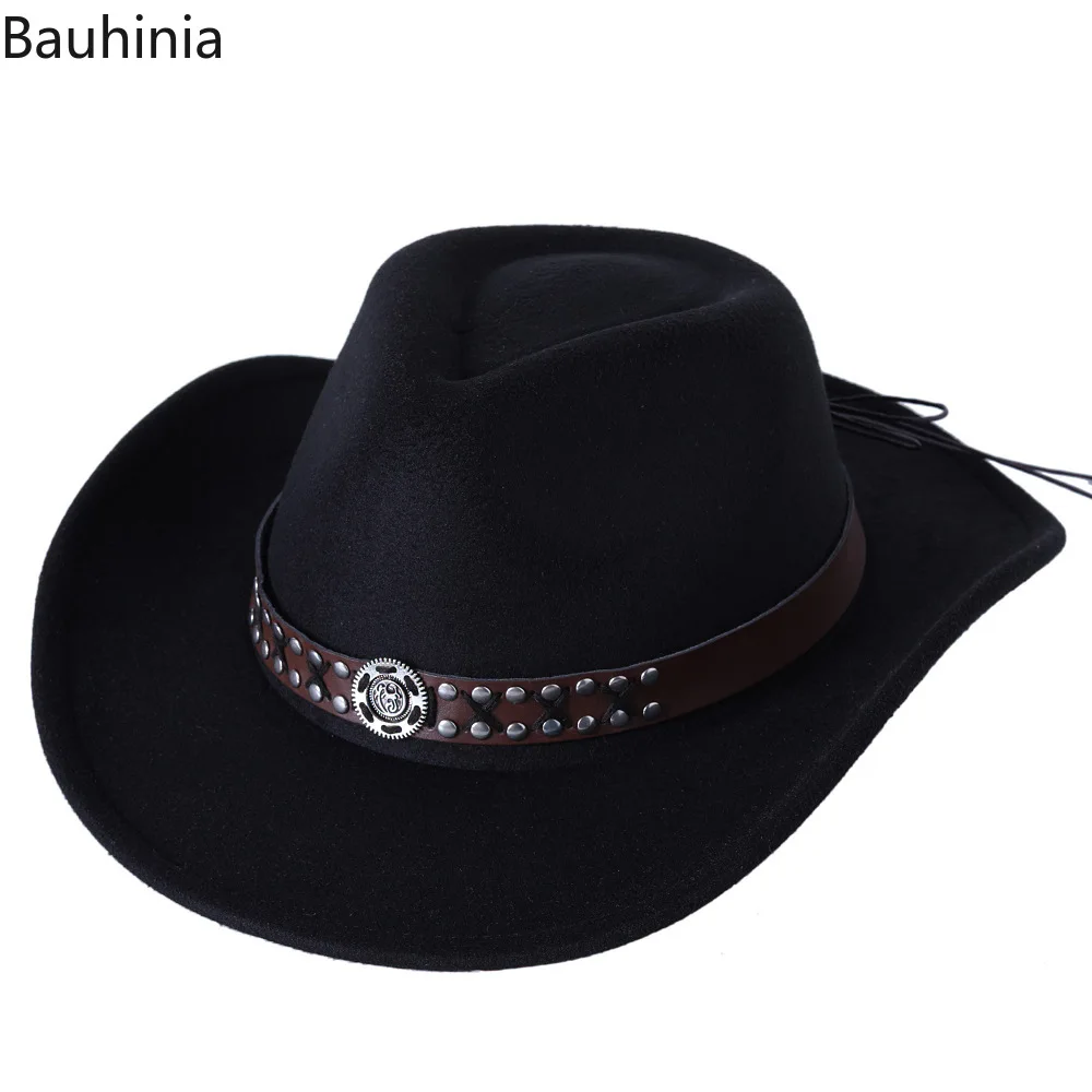 Easy Hinia-Chapeau de cowboy occidental en laine de style vintage pour hommes et femmes, chapeau à large bord, casquette de jazz Cowgirl, casquette