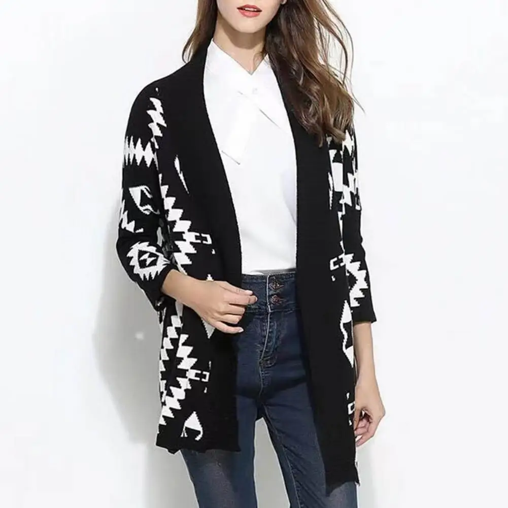 Lady Sweater Coat Cardigan Knitted Casual Ethnic Print Vintage Winter Loose Casual Sweater Jacket Knitwear Korean Fashion