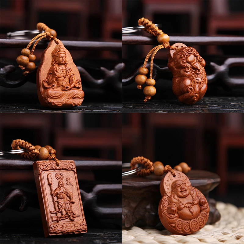 PIXIU Buddhist Bodhisattva God Of Wealth Justice Keychain Wood Jewelry Bless Safety Health Luck For Uinsex Feng Shui Keychain