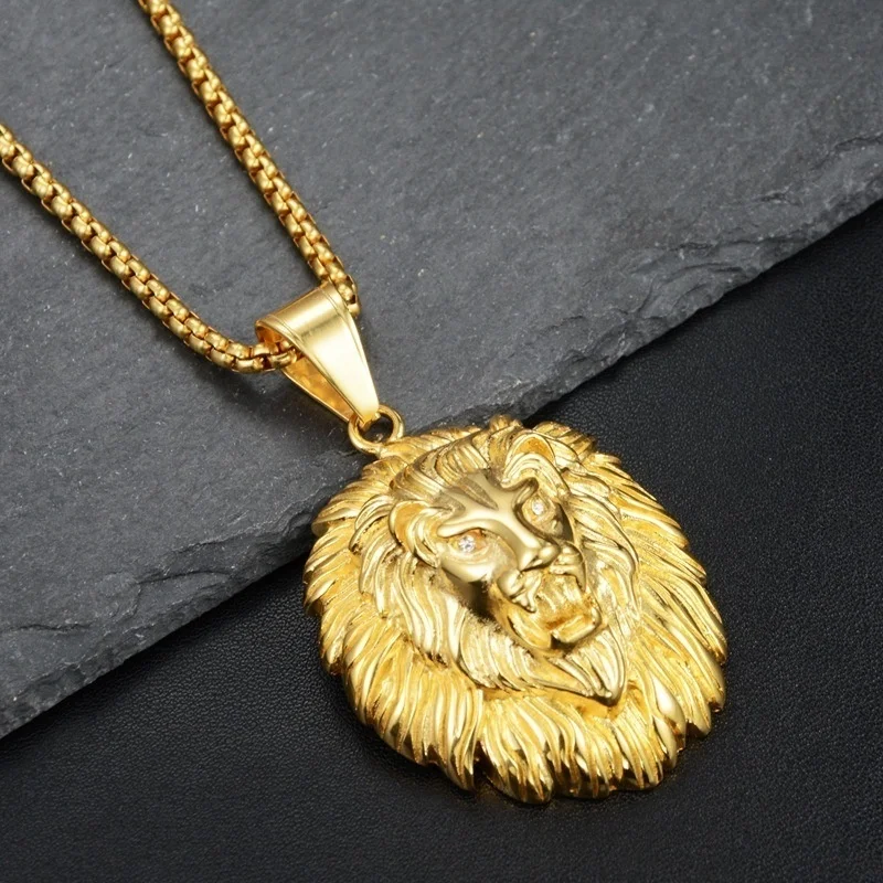 Long hair lion head shape bohemian crystal inlaid pendant necklace men\'s necklace fashion animal pendant accessory party jewelry
