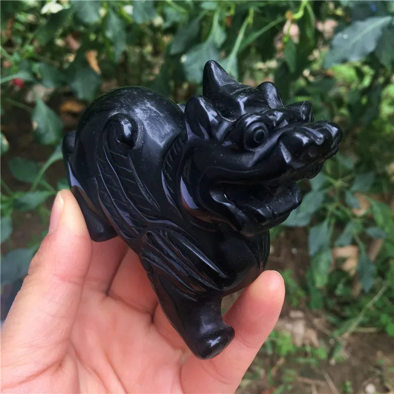 Natural black obsidian guardian lion handmade carving Stone lions figurine healing crystals for home decoration wholesale