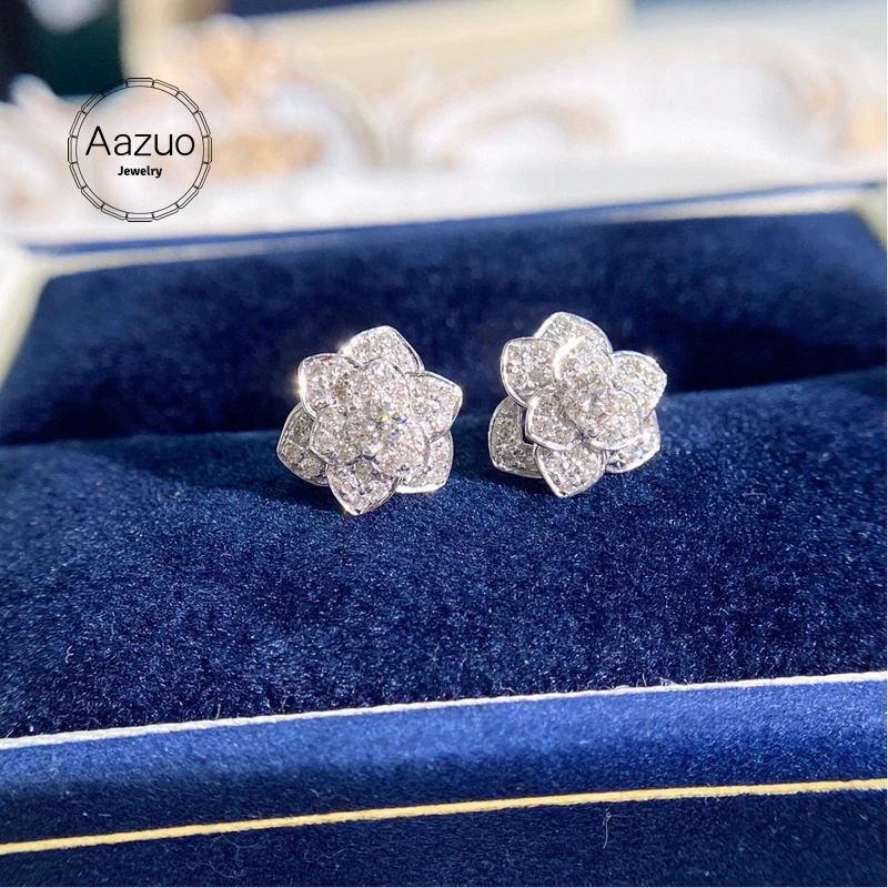 Aazuo Real 18K White Gold Real Diamonds 0.45ct Classic 10MM Rose Stud Earrings Gifted For Women Advanced Wedding Party Au750