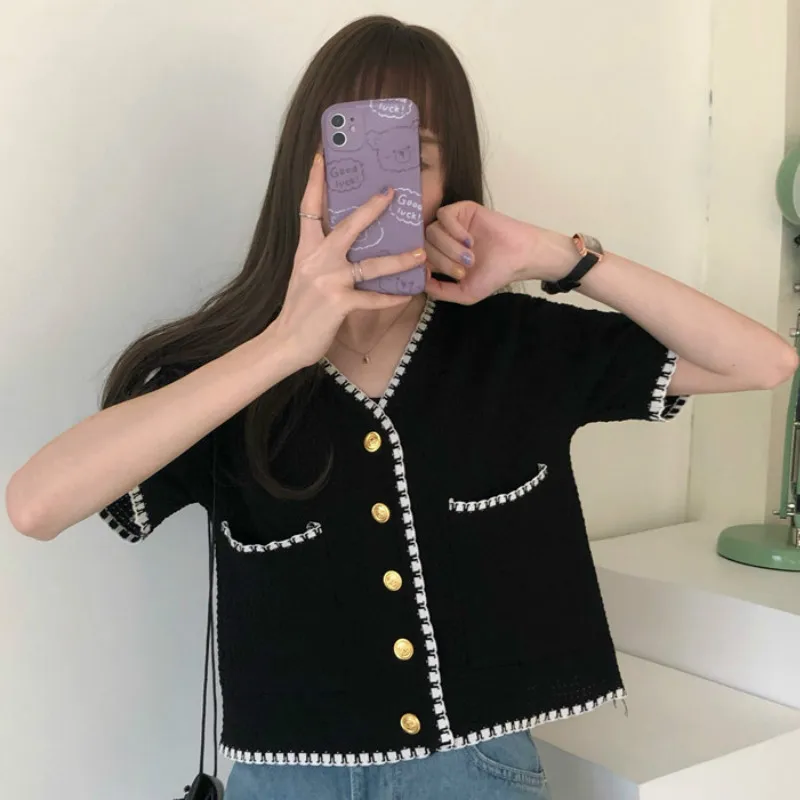 Shirts Women V-neck Knitwear Crop Tunic Short Sleeve Summer Korean Style Panelled New Arrival Open Front All-match Leisure Daily