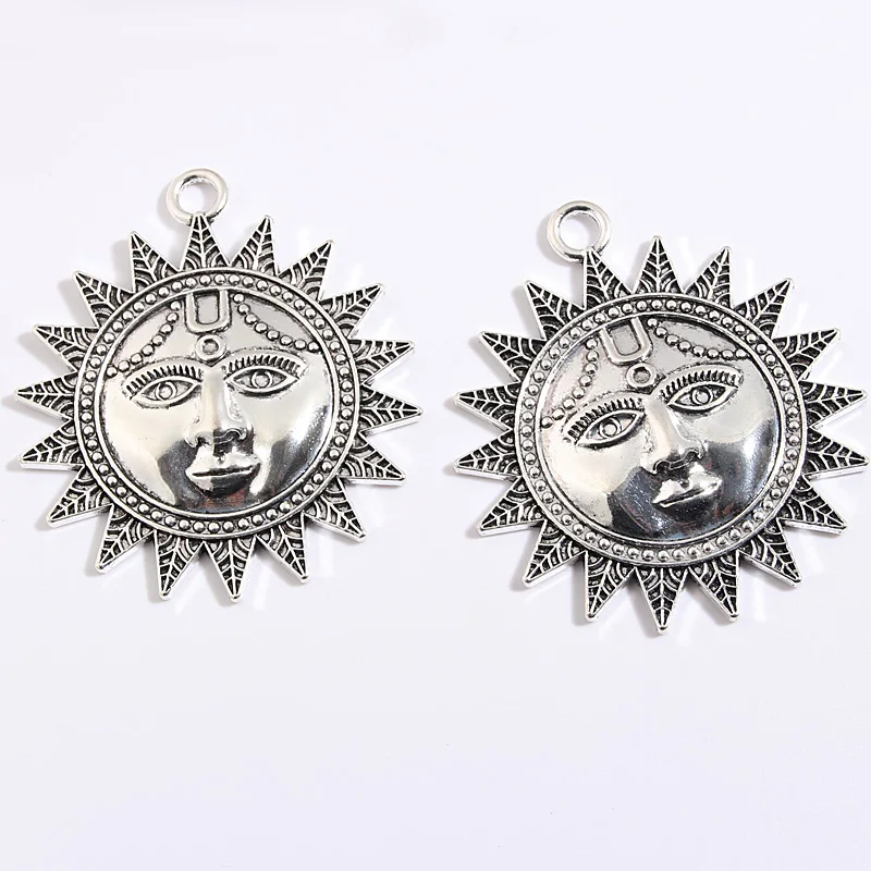 3pcs Silver Color 60x53mm Large Sun With Face Charms Connector Pendant Fit DIY Jewelry Making Handcrafted Accessories