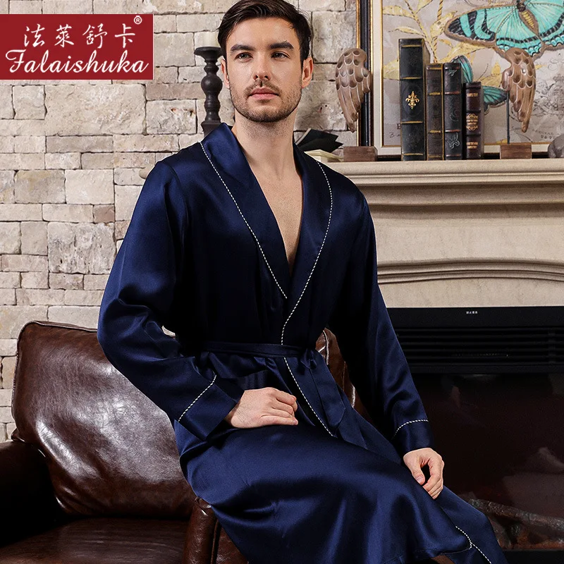 Real Silk Bathrobe Male Spring Autumn Satin Silk Long-Sleeve Simple 100% Natural Silk Men Sleeping Robes Homewear S5626