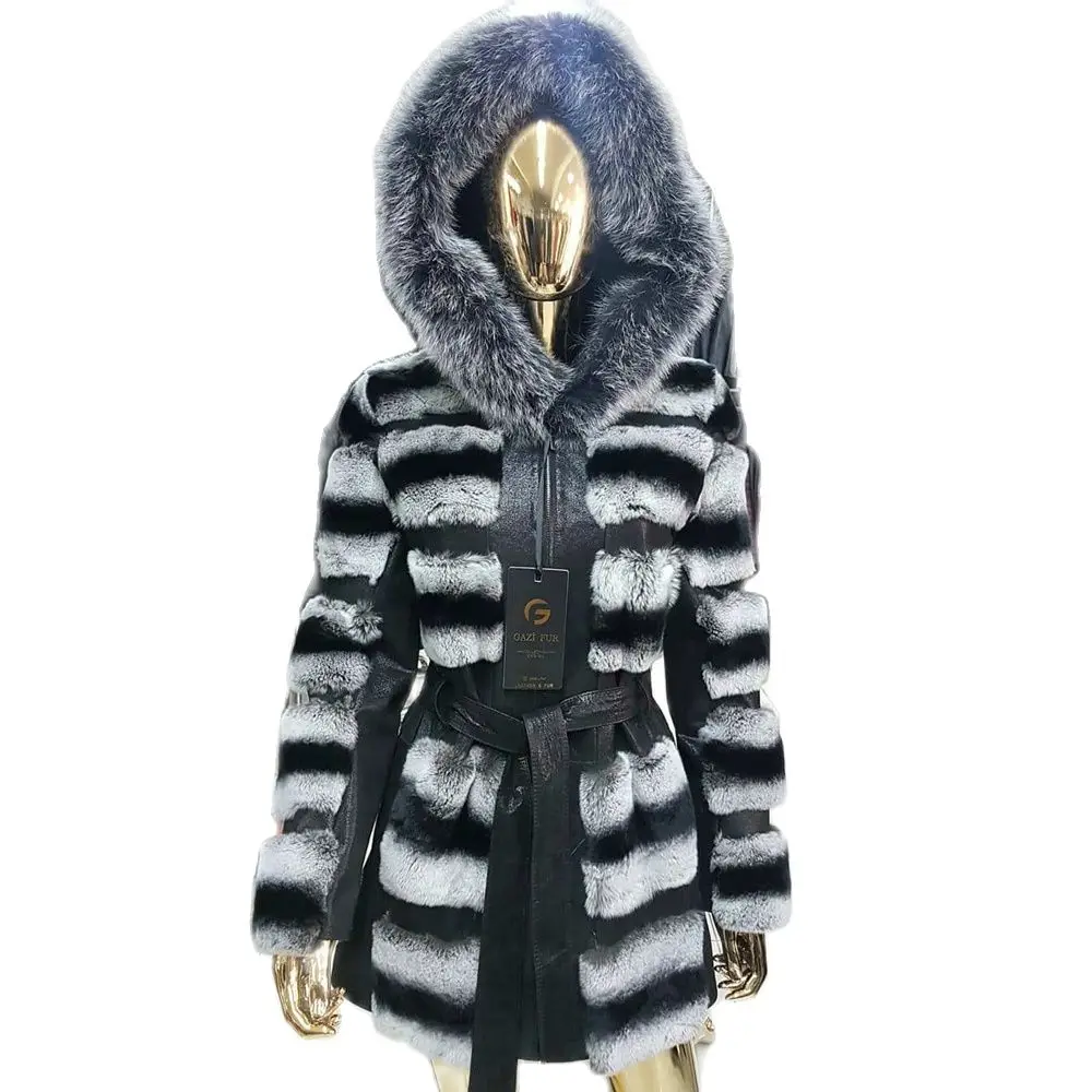 Giacca da donna in pelliccia di coniglio Rex naturale con cappuccio in pelliccia di volpe argentata spessa calda donna capispalla invernale nuovo cappotto di pelliccia di coniglio Rex alla moda