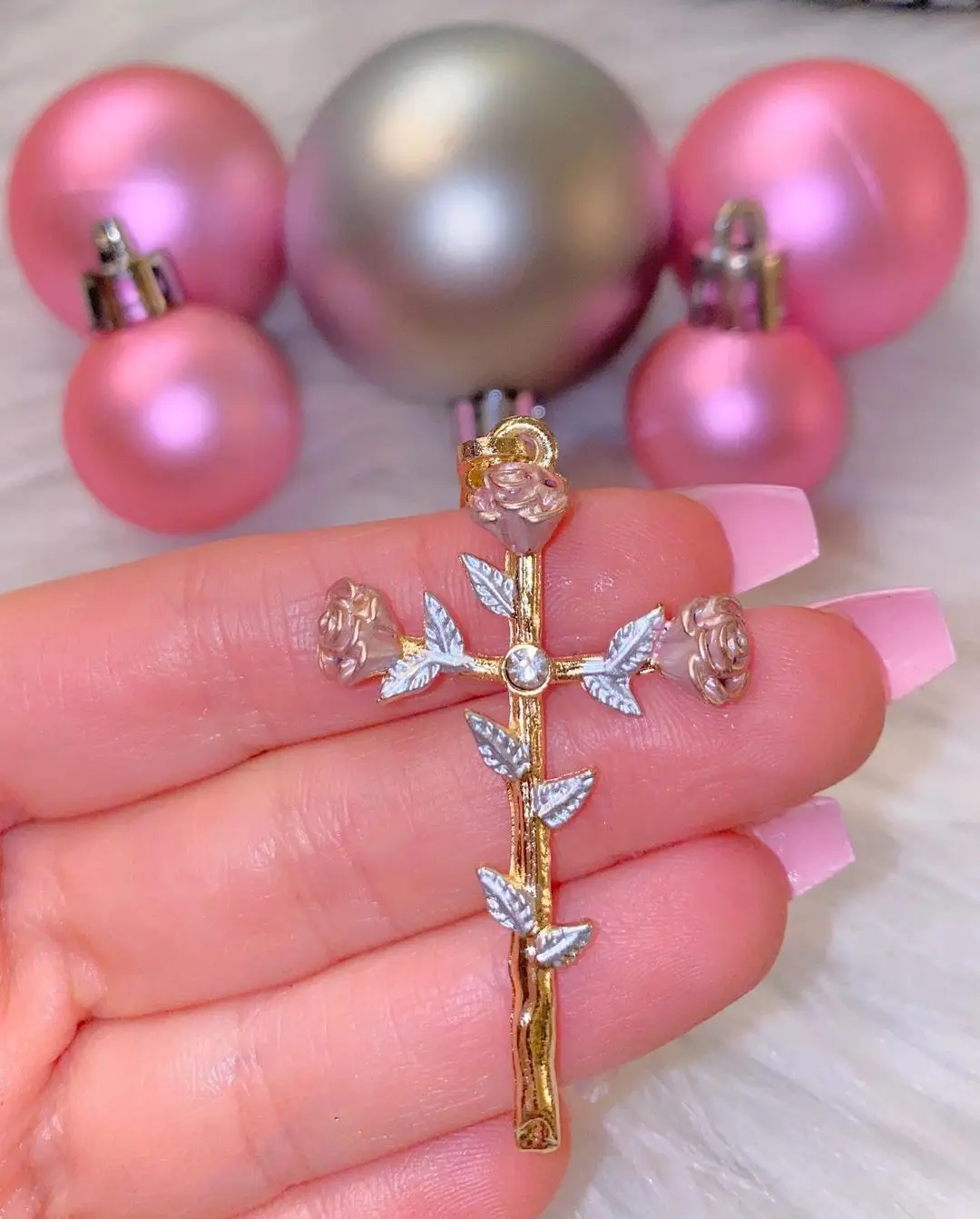 GOLD PLATED TRI-COLOR ROSE CZ CROSS NECKLACE DAZZLING CRUCIFIX 18