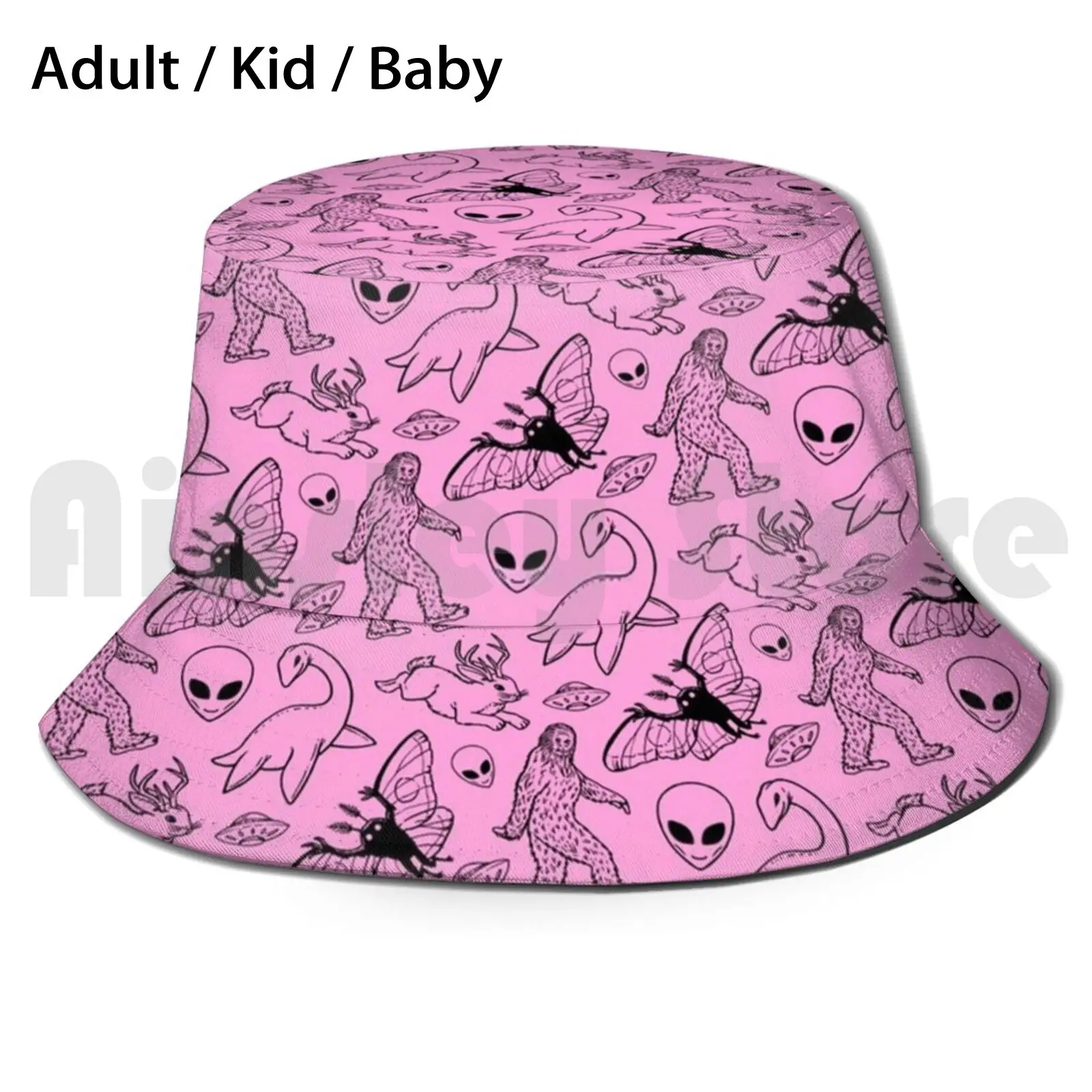 Cryptid Pattern ( Pink Background ) Sun Hat 615 Bucket Hat Cryptid Cryptids Bigfoot Sasquatch Nessie Loch