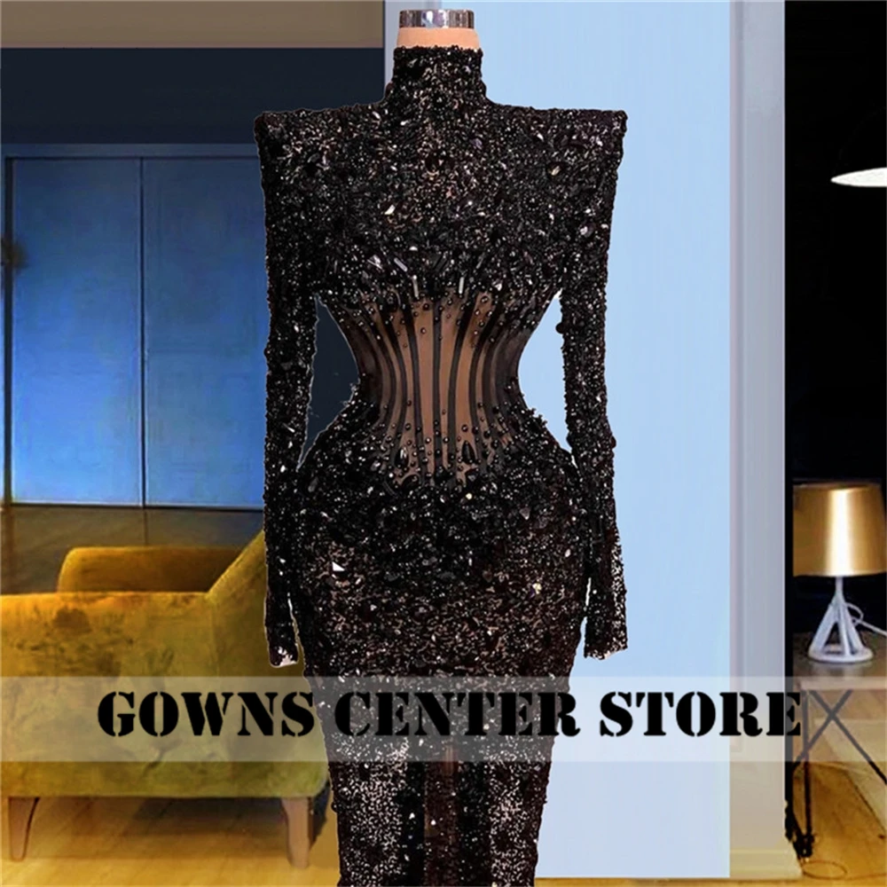 Stone Beaded Dubai Black Mermaid Evening Dresses Party Dress Sparkly Sequin Long Sleeve Middle East Formal Gowns robe Customized