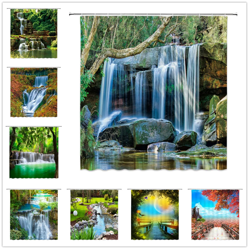 Natural Scenery Shower Curtains Waterfall Green Meadow Flower Spring Landscape Bathroom Decor Waterproof Cloth Curtain Set Cheap