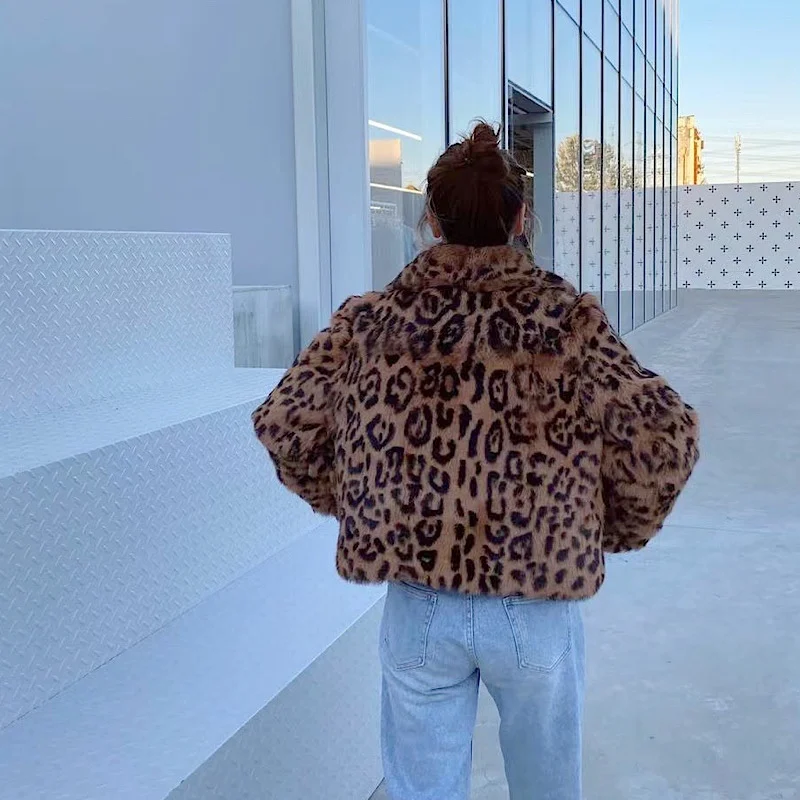 2021Winter Women Real Rex Rabbit Fur Coats  Fashion Short Leopard Overcoat Simple Warm Ladies Outerwear Luxurious Street New