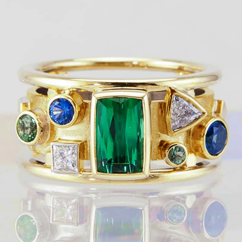 Huitan anello da donna geometrico di lusso retrò accessori per feste Vintage pietre di zircone verde/blu/bianco gioielli femminili nuovo anello