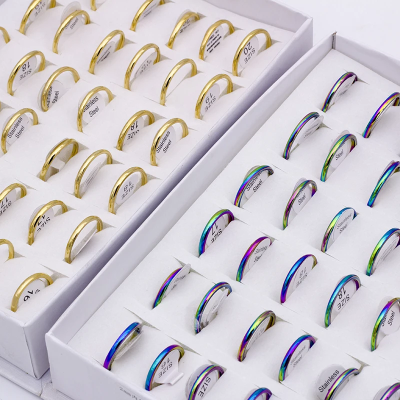 36pcs/lot Multicolor Smooth Stainless Steel Polishing Rings Width 2mm Finger Rings For Women Men