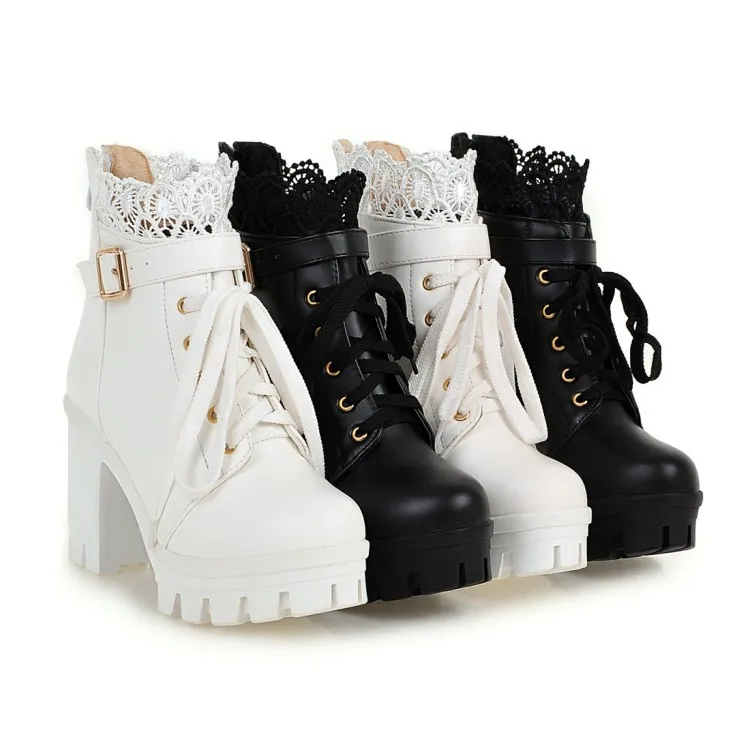 High Heels Women Winter Boots Zipper Motorcycle Boots Warm Fur Round Toe Platform Boots Female Ankle Boots Plus Size 43
