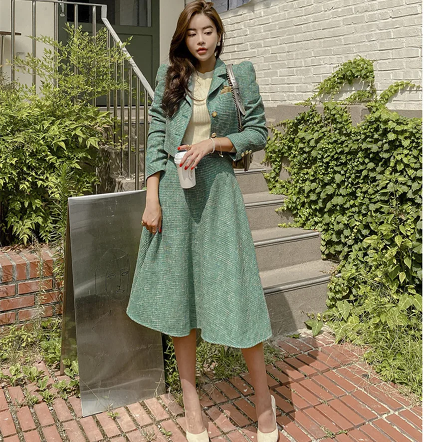 New Autumn Winter Two Piece Set Women Fashion Notched Collar Green Short Blazer Jacket + High Waist Ball Gown Midi Skirt Suits