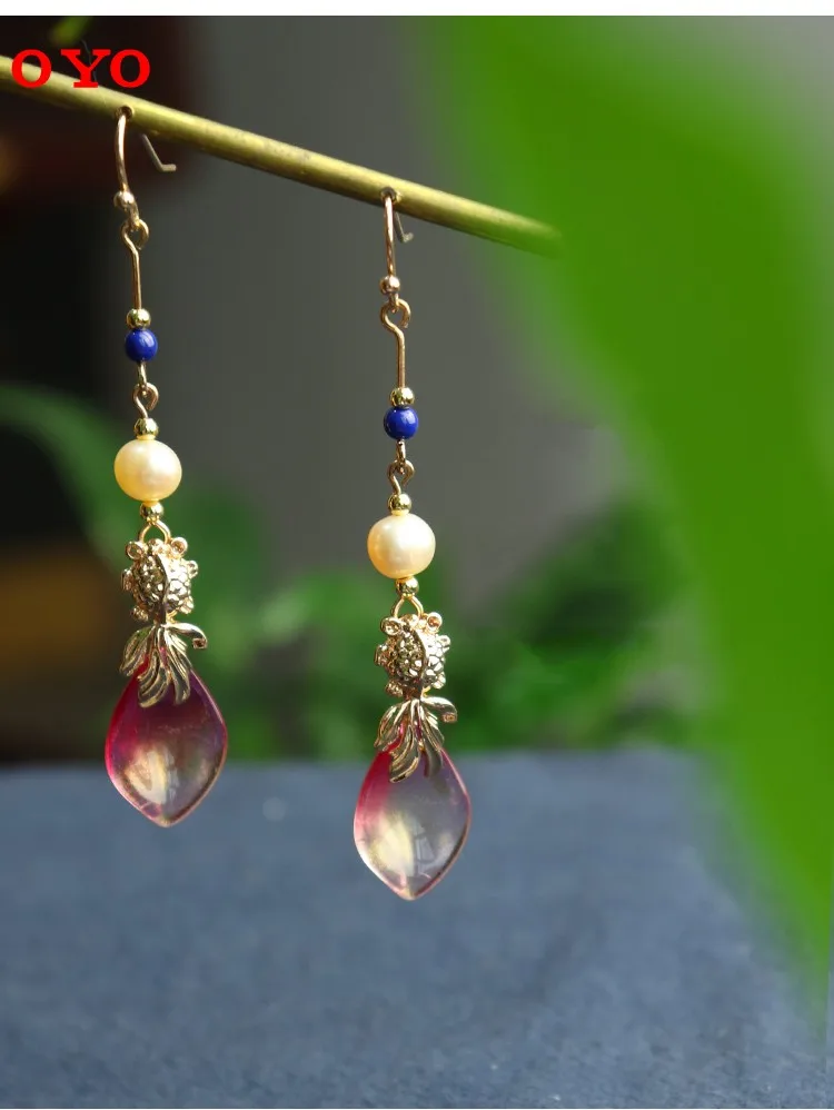 

Ancient style earrings with Hanfu earrings long Chinese style sterling silver pearl costume retro goldfish