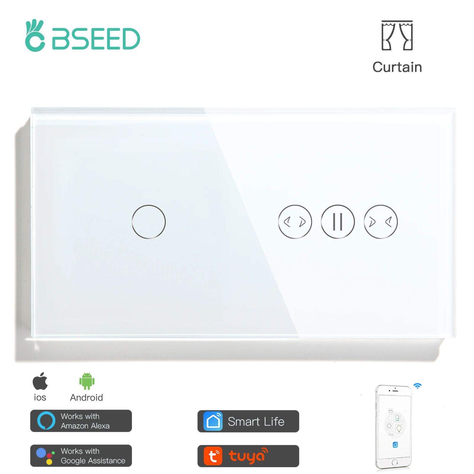 BSEED Switch 1 Gang Wifi Curtain Switch APP Control Wifi Combination Smart Switch Support For Tuya Google Assistant App For Home