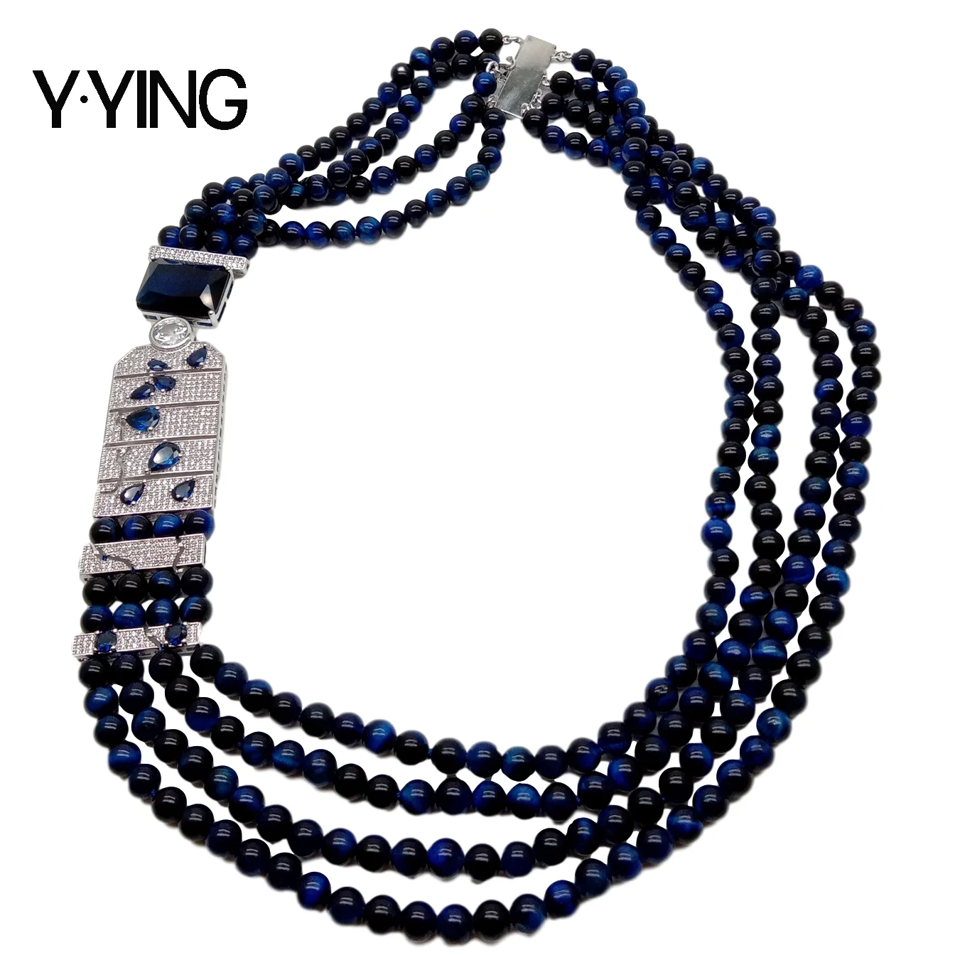 

Y·YING 20" 4 strands 6mm Round Blue Tiger's-Eye choker Necklace Cubic Zirconia Pave Connector party vintage style for women