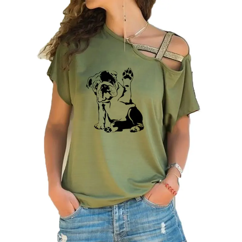 New English Bulldog Dog Pet Print Tee T-shirt Women Top Short Sleeve Female tops clothing Irregular Skew Cross Bandage t shirt