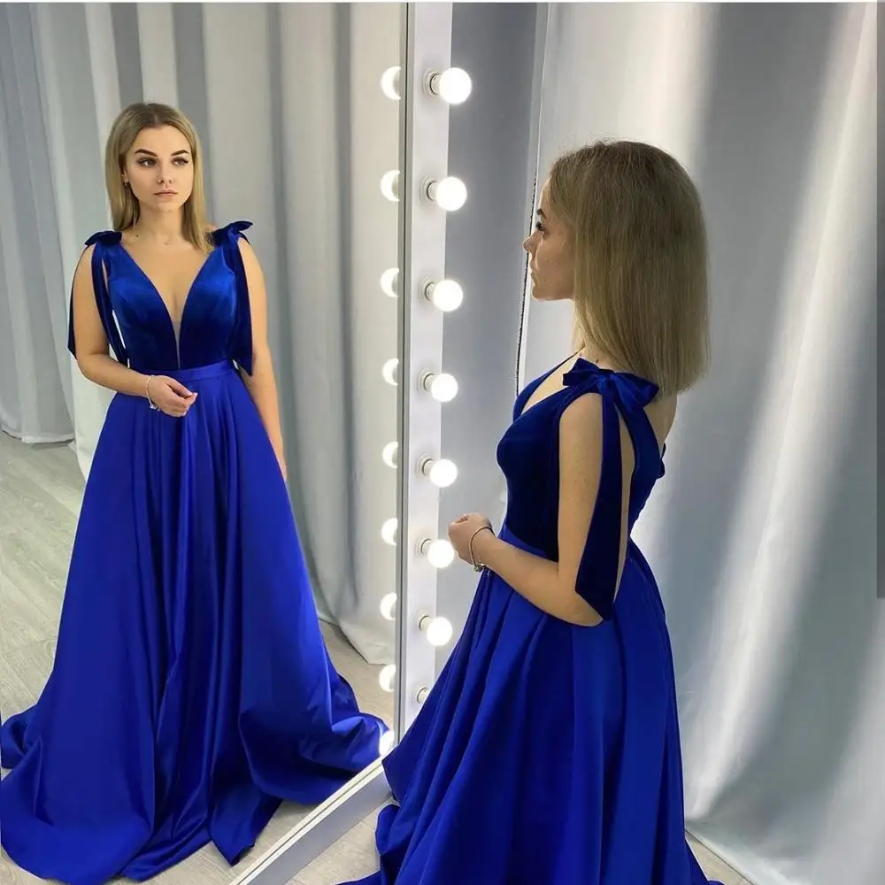 Royal Blue Gaun Pesta 2020 V-Leher A-Line Tanpa Lengan Satin Sederhana Wanita Formal Pesta Acara Khusus Elegan Pengadilan Kereta