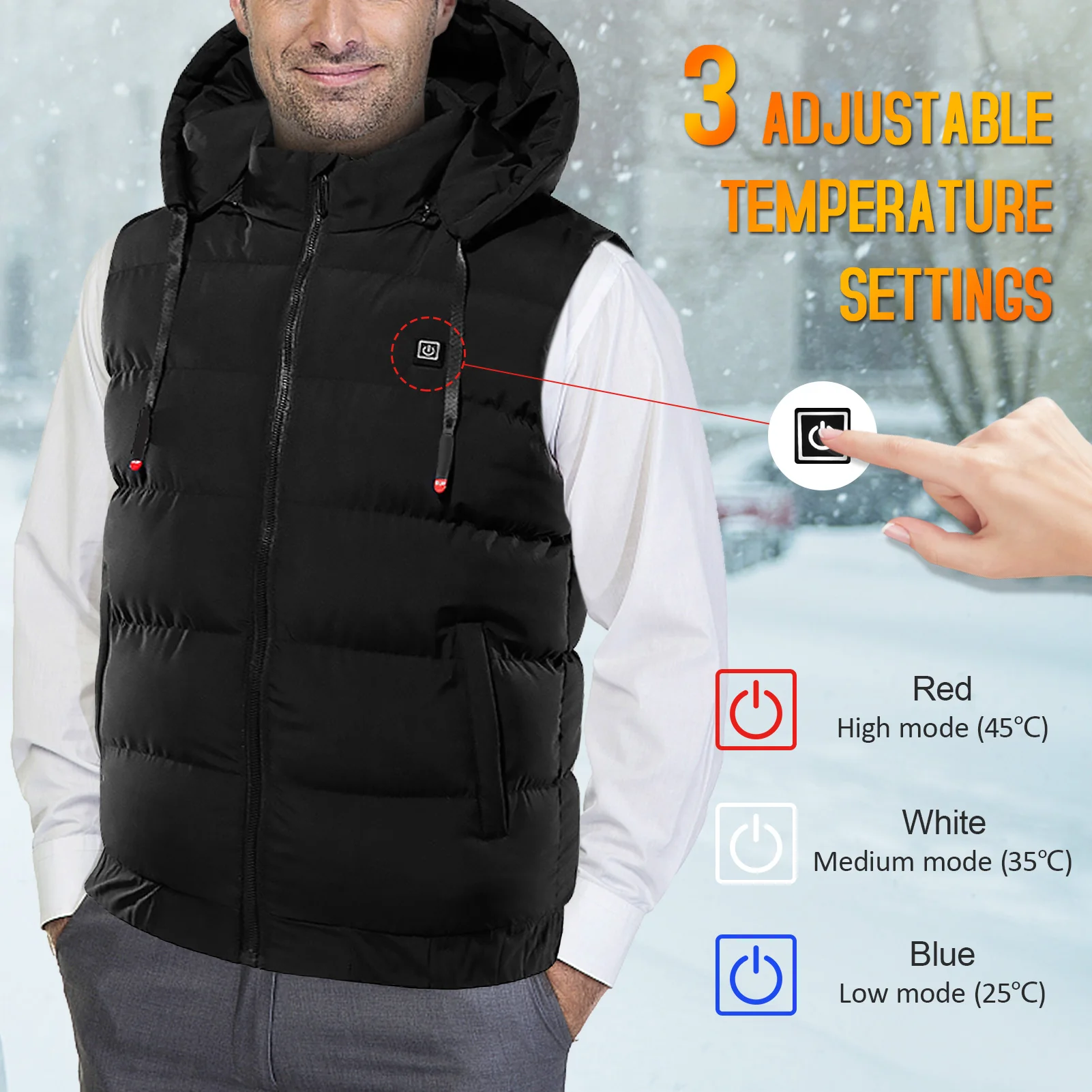 Men Heated Vest with Detachable Hood Windproof Outdoor Winter Warm Heating Vest with 9 Heating Zones