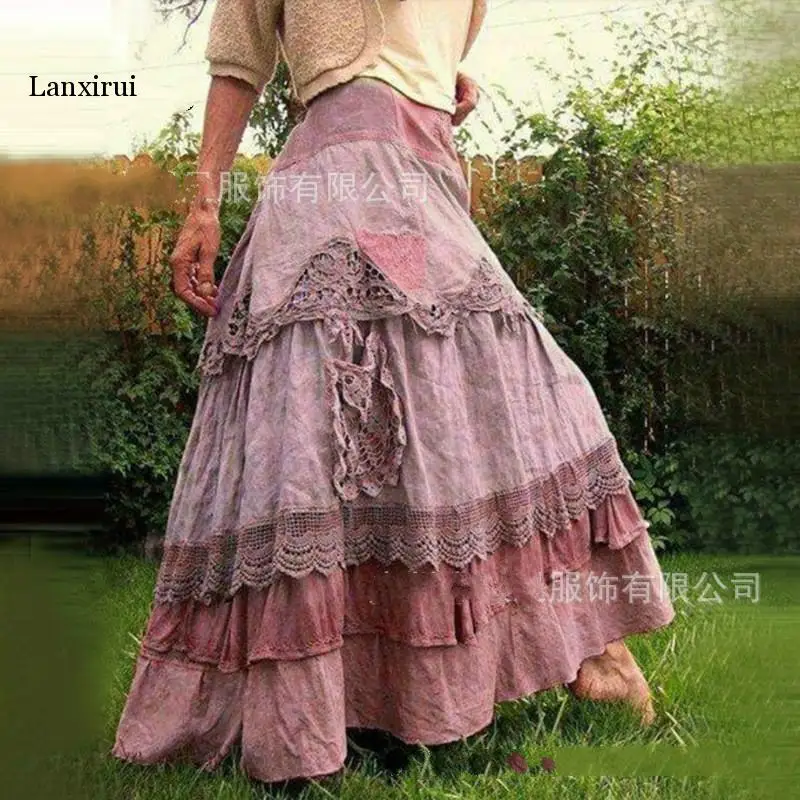 Women Skirts Casual Ruffles Female Vintage Long Maxi Skirt Cotton Linen Vestidos A-line Skirts Jupe Femme Streetwear 5XL