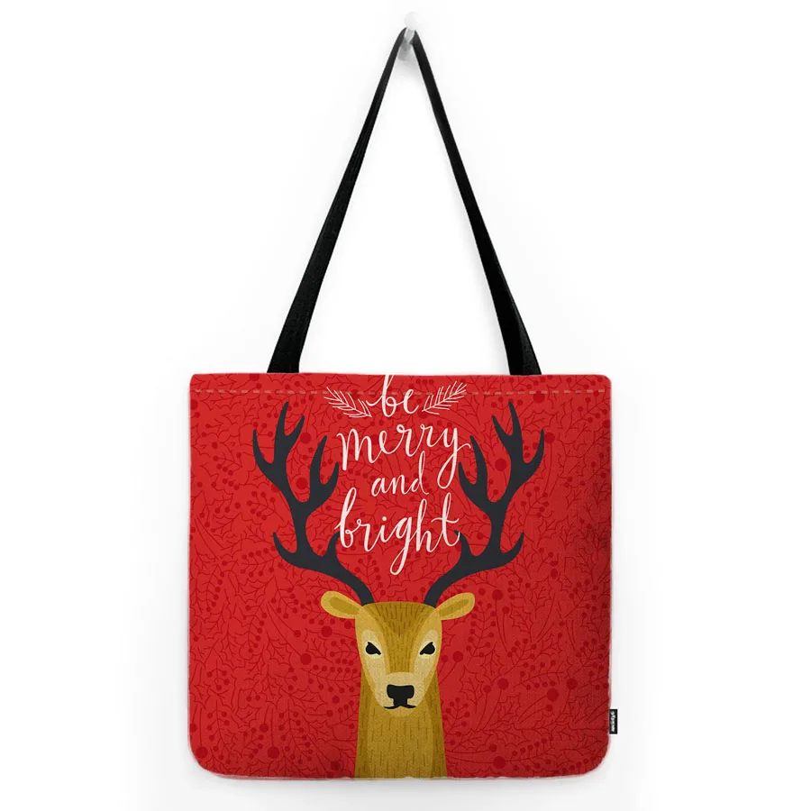 Red Christmas Joyful Cute Animal Deer Bunny Penguinn Raccoon Lovely Cotton Linen Tote Bag Water Resistant Shopper Shopping Bag