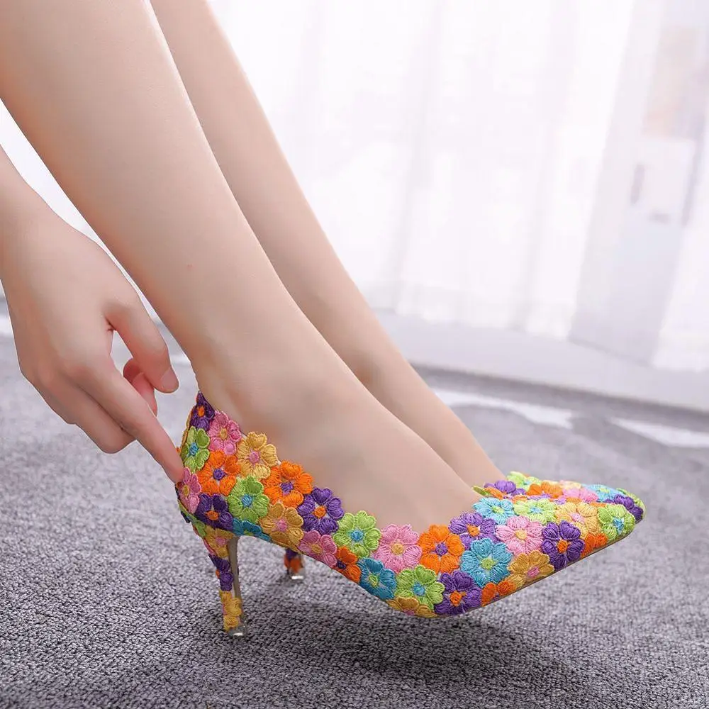 

Crystal Queen Women Mutilcolor Lace Wedding Shoes 7CM High Heels Big Size Sweet Pumps Princess Party