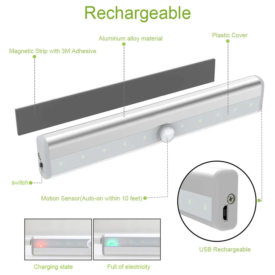 Imagem -03 - Luz Usb Portátil Recarregável para Armário Lâmpada Noturna com 10 Leds sem Fio com Sensor de Movimento e Vara Magnética para Cozinha