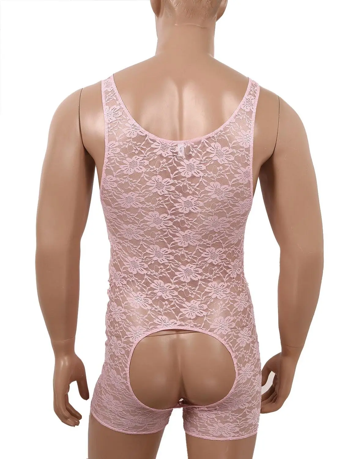 Sissy Men Floral Lace Open Butt Crotchless Bodysuit Jumpsuit Wrestling Singlet Underwear Mankini Lingerie