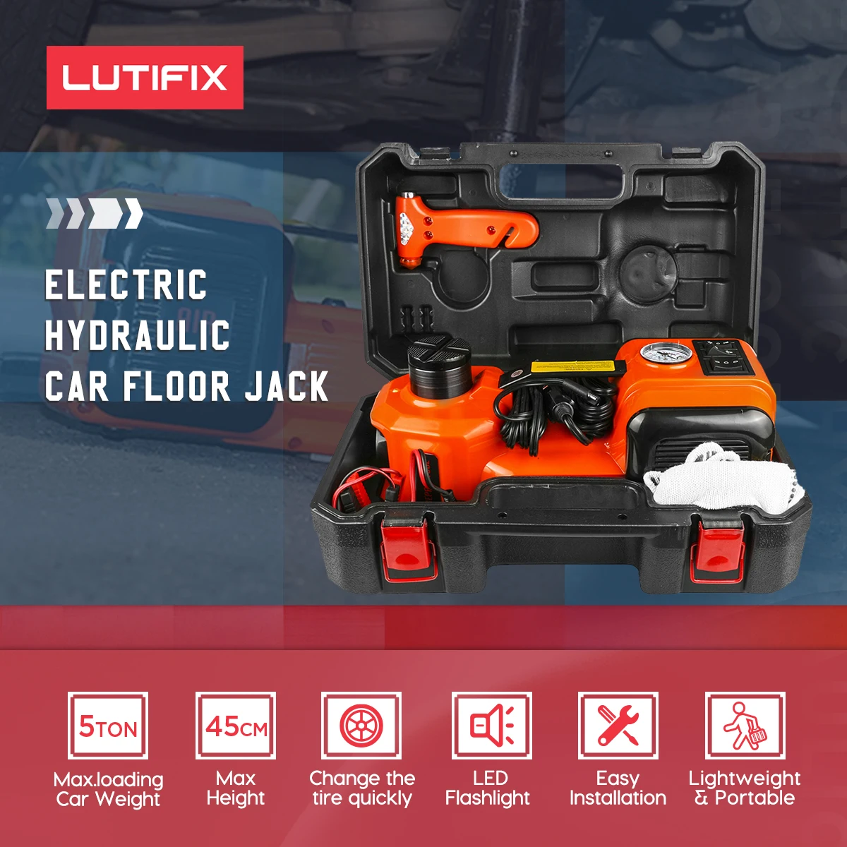 LUTIFIX Car Jack Electric 12V 5T 45cm 3 in 1 Electric Hydraulic Floor Rolling Jack Tire Inflator Pump LED Flashlight Safe Hammer