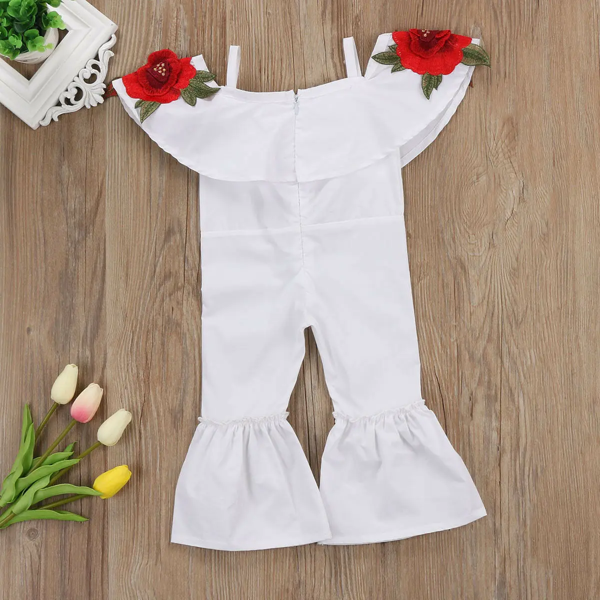 Fashion Rose Embroidery Romper Kids Baby Girls Off shoulder Flower Romper Jumpsuits Trousers Outfits Clothes