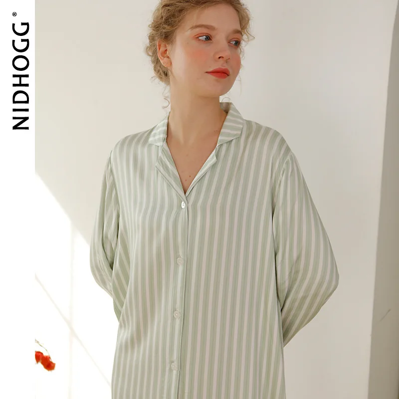 Spring Satin Nightgowns Long Sleeve Women Sleepwear Viscose Green Striped Sleepshirts Night Dress Sexy Sleep Tops Comfortable