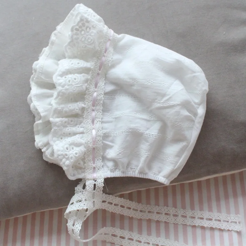 Baby bonnet Hand made ivory White Lace bonnet Newborn Baptism hat Christening Embroidered Flowers Baptism gift girls Lace trim.