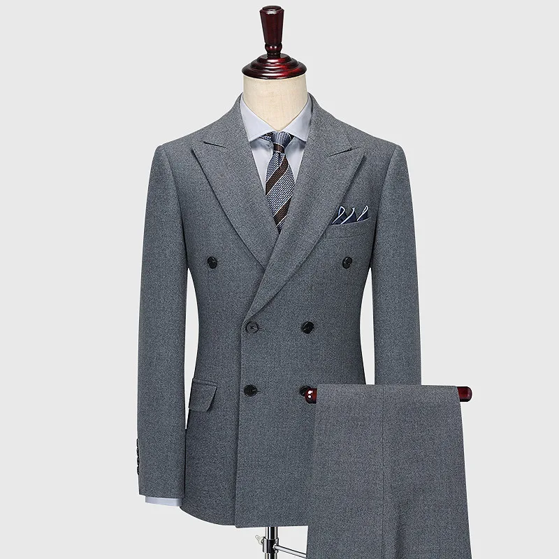 

100% Wool High Quality Double Breasted Retro Grey Winter Thicken Warm Wedding Suits For Men Plus Slim Fit Blazer Mens Suit Set