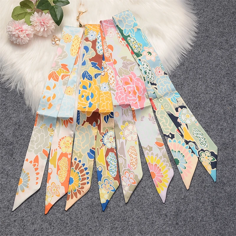 Retro Silk Scarf Women Flower Print Small Ribbon Headband Hairband Streamer Fashion Design Accessories For Bag Girls Headscarf