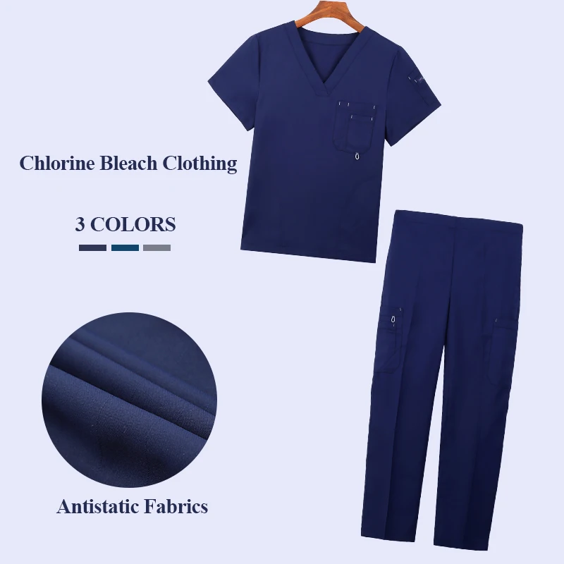 Monocromático V-Neck Enfermeira Uniforme para Homens e Mulheres, Conjunto de Esfoliante, Enfermeira Workwear, Scrubs Top e Calças, Uniformes de Enfermagem, Fatos de Trabalho Médico, 9901-01