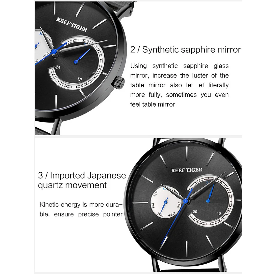Reef Tiger Orologio al quarzo da uomo 40 mm Orologio da polso ultrasottile impermeabile con datario della settimana