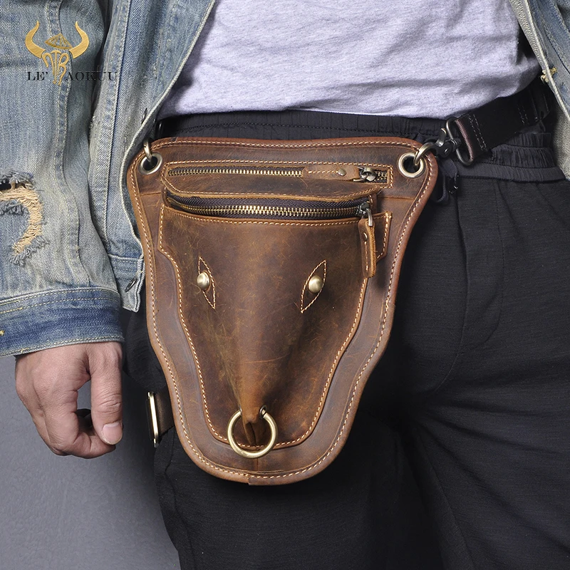 100% Natural Leather Men's Designer Wine Travel Messenger Cross-body Sling Bag Vintage Fanny Waist Belt Pack Leg Drop Bag 833