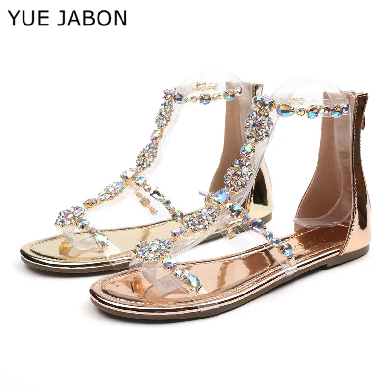 Gold Blue Flats Women Sandals Open Toe Ankle Boots Sandal Woman Crystal Sandalias Bling Flip Flops Summer Shoes Zapatos Mujer