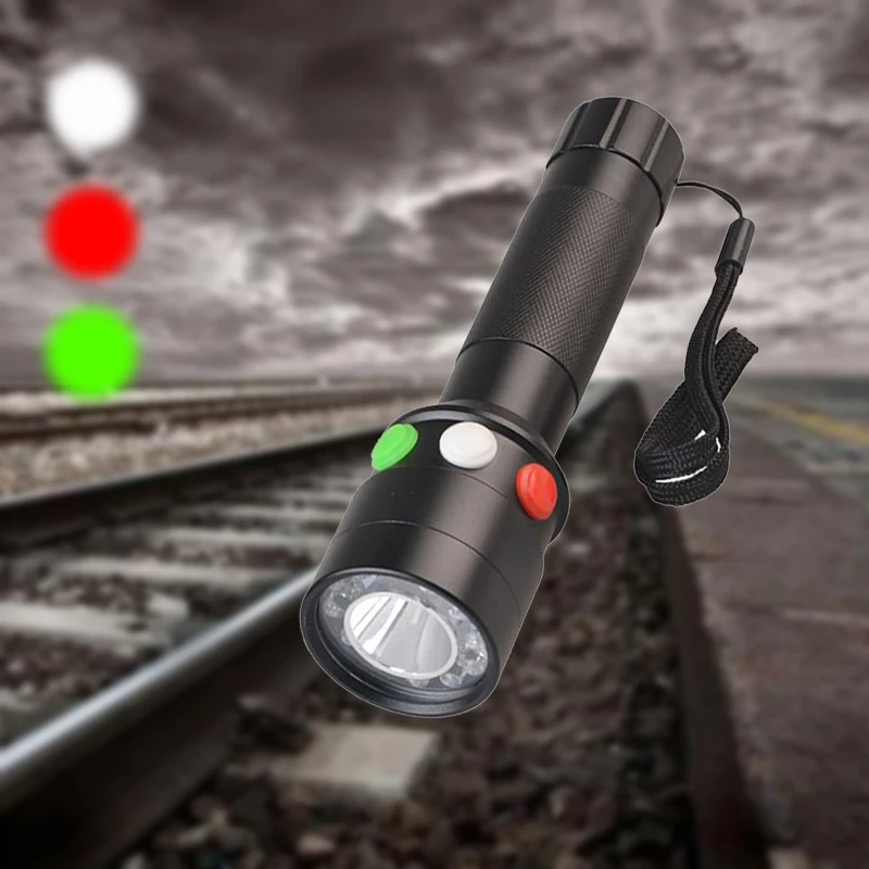 GM Powerful 3w LED Flashlight Tricolor Train Signal Q5 LED Torch Light 3-Mode Light With Red White Green Use 18650 Battery