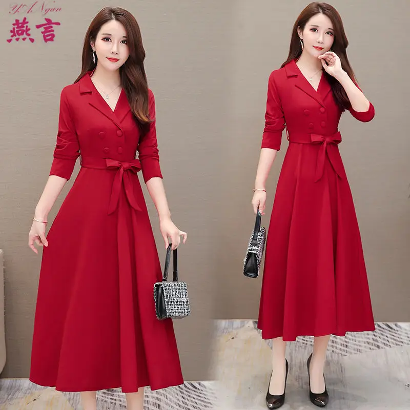 

Spring Autumn New Korean Style Dress Women's Long-Sleeved Over The Knee Swinging Woman Dress Vestido De Mujer Femme Robe