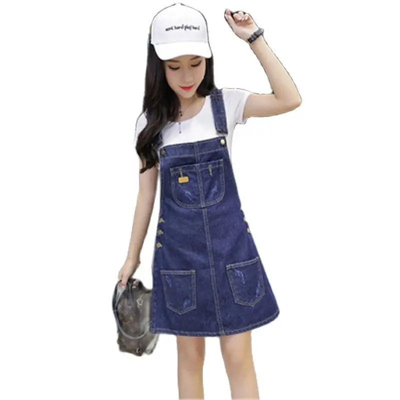 Summer Woman Denim Overall Dress Korean Solid Spaghetti Strap Pocket A Line Jeans Sundress Preppy Style Girl Student Dress A428