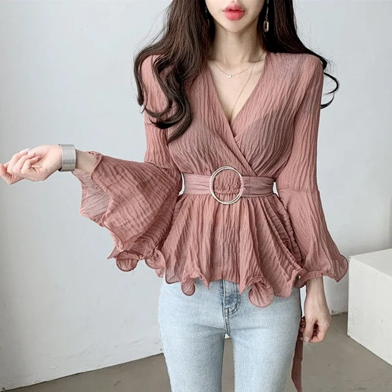 Blouse Women Sashes Solid Temperament Fashion All-match Slim V-neck Summer New Breathable Vintage Flare Sleeve Lady Korean Style