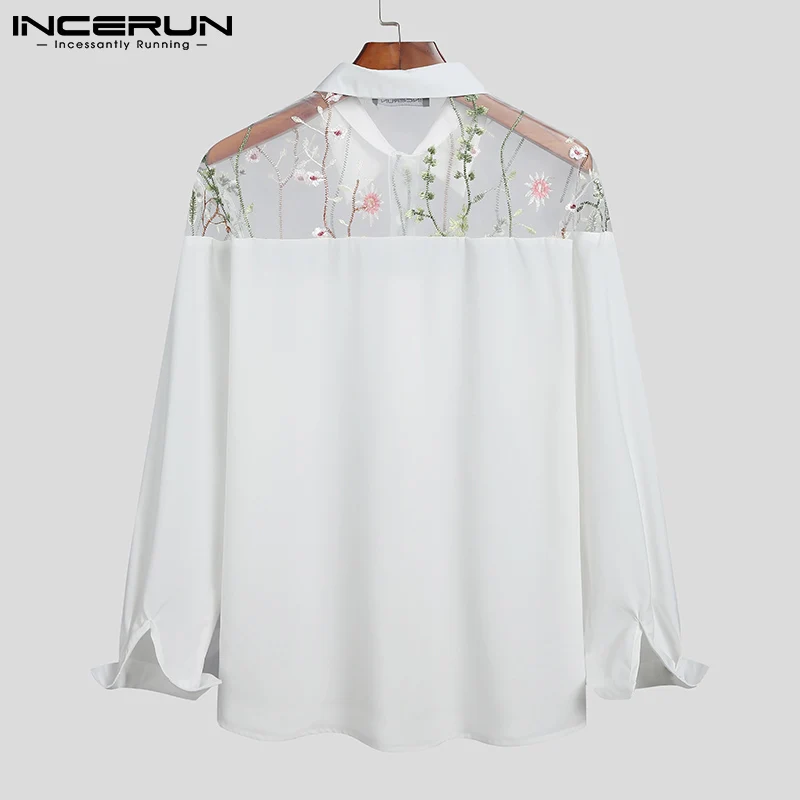 Fashion Men Shirt Mesh Patchwork 2023 See Through Lapel Long Sleeve Party Nightclub Shirts Embroidered Streetwear Camisa INCERUN