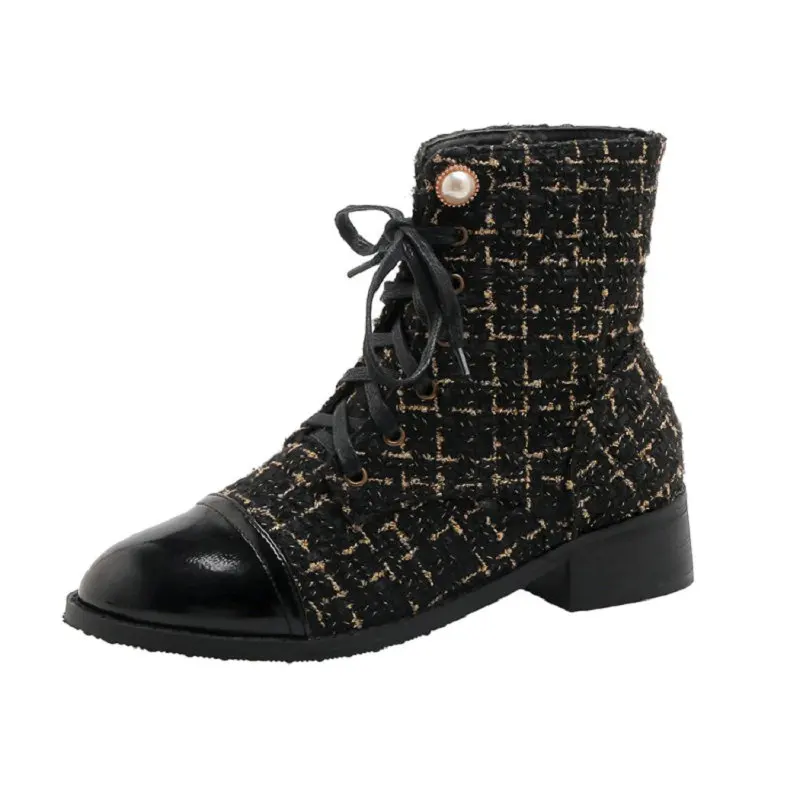 ZawsThia Winter Autumn Round Toe Square Heels Lace-up Tweed Checked Plaid Luxury riding Women Ankle Boots Big Size 45 46 Shoes