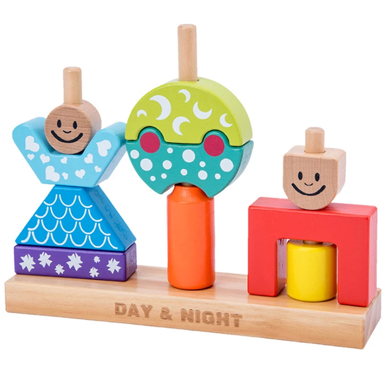 Educational Wooden Toy Sun & Moon Day & Night Pillar Blocks Early Learning Baby Kids Birthday Christmas Gift