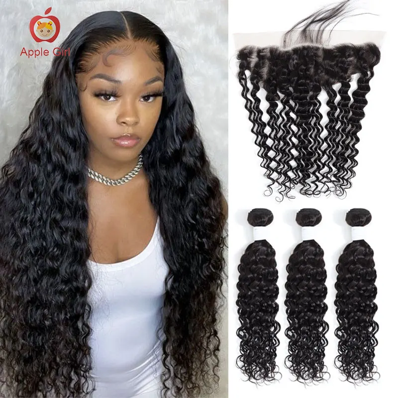 

Water Wave Transparent Lace Frontal With Bundles 3 or 4 Bundles With Lace Frontal Closure Applegirl Remy Human Hair Weave Weft